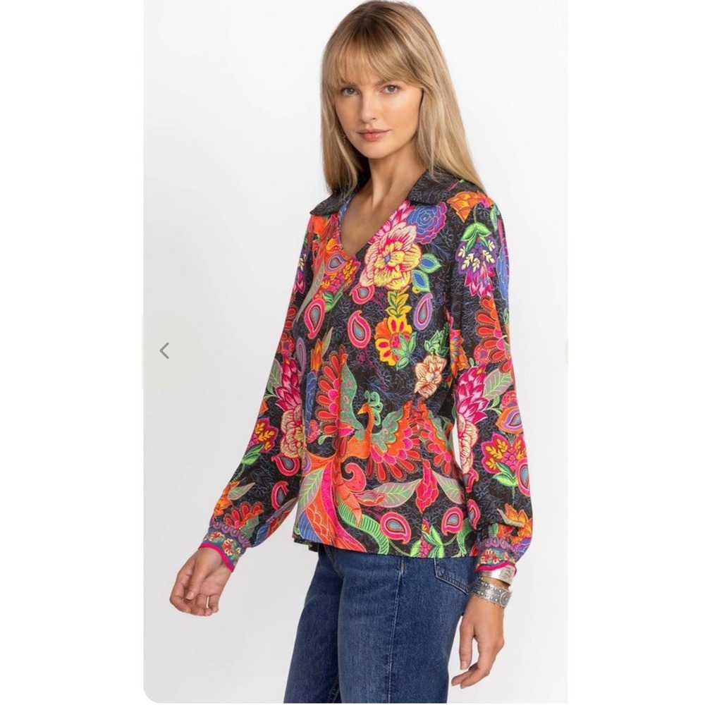 Johnny Was The Janie Favorite Puff Sleeve Floral Paisley V-Neck Blouse Top Small